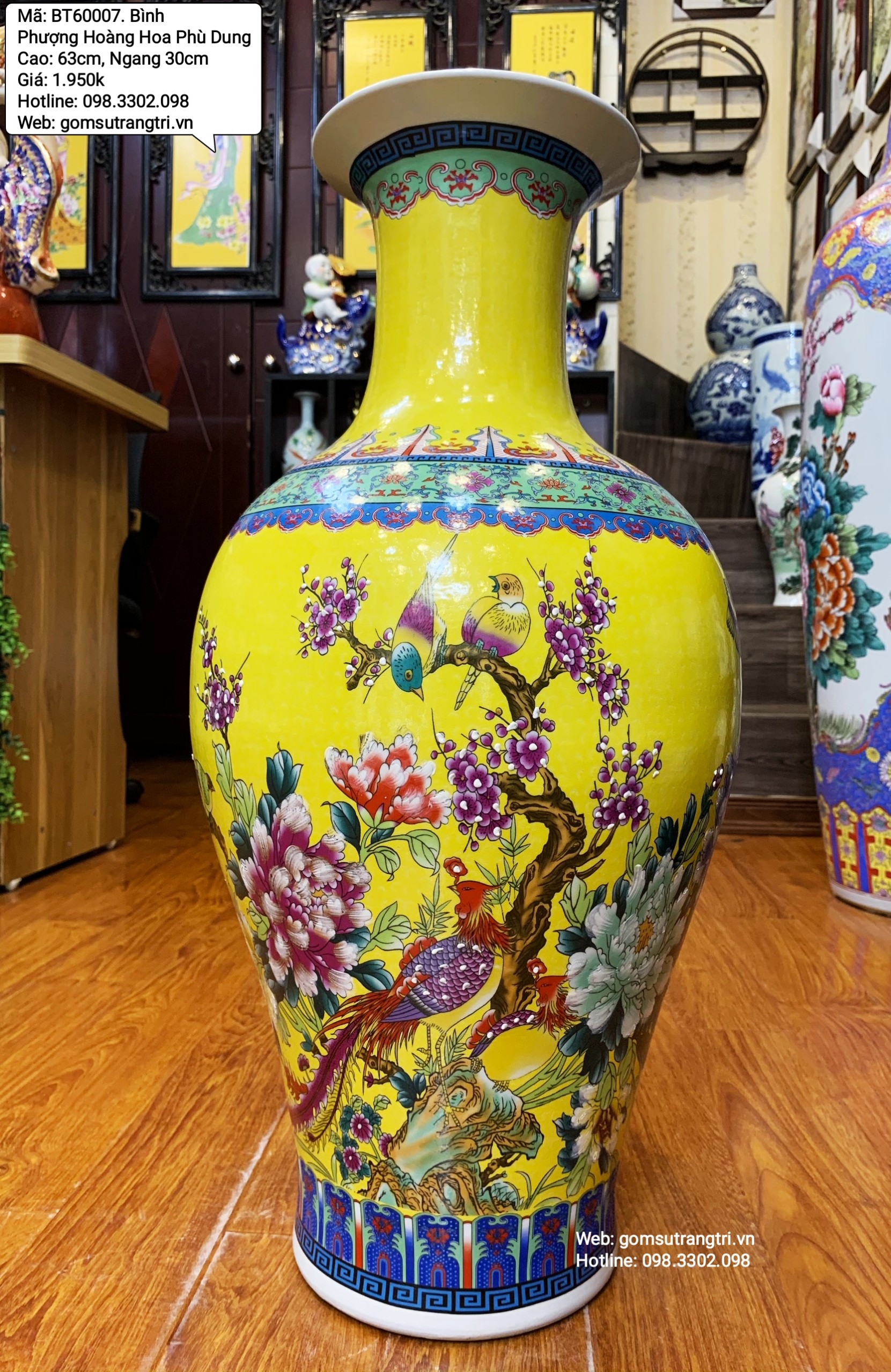 Bình men vàng họa tiết Phượng Hoàng Hoa Phù Dung